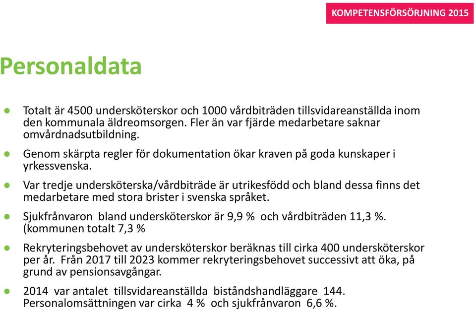 Var tredje undersköterska/vårdbiträde är utrikesfödd och bland dessa finns det medarbetare med stora brister i svenska språket. Sjukfrånvaron bland undersköterskor är 9,9 % och vårdbiträden 11,3 %.