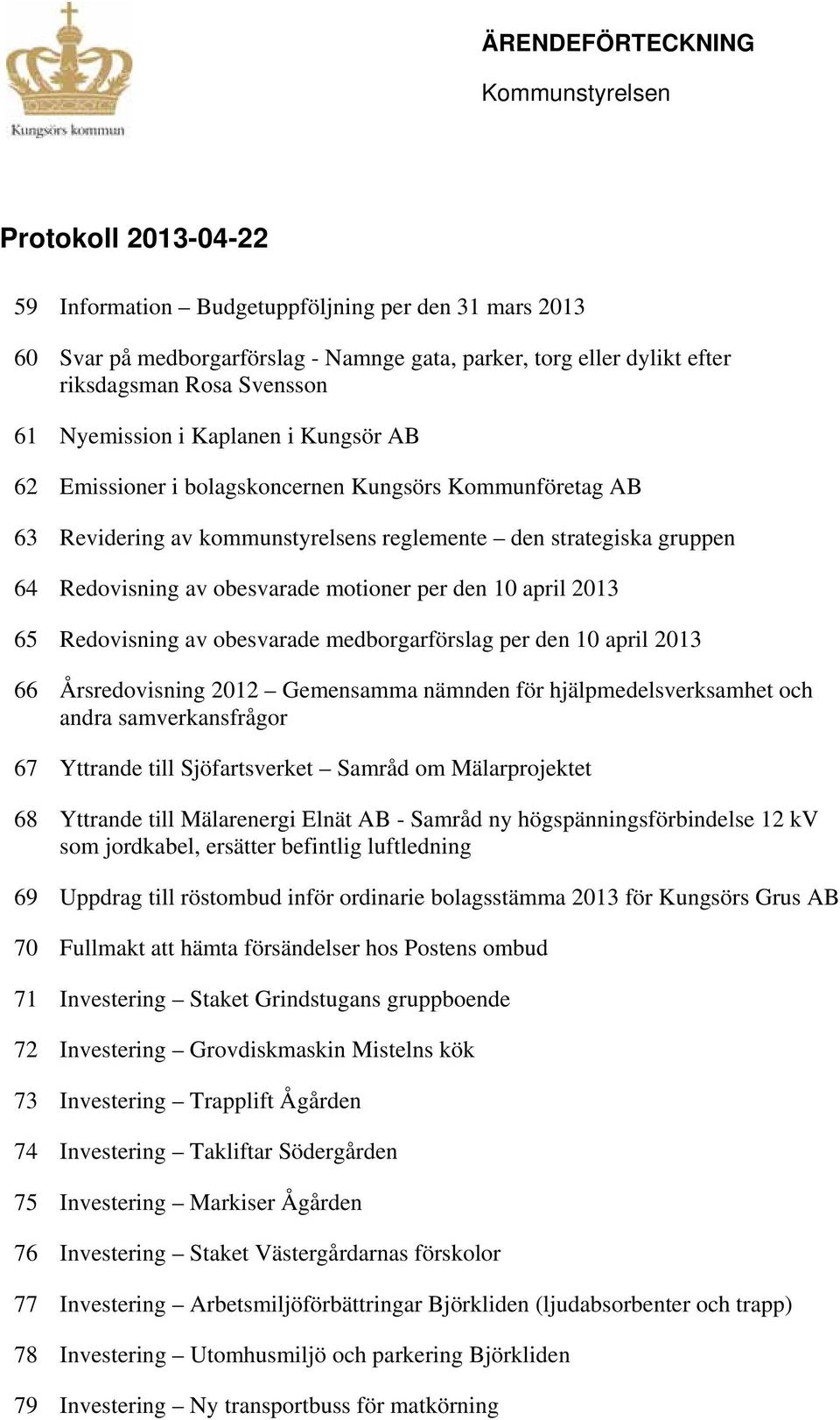 obesvarade motioner per den 10 april 2013 65 Redovisning av obesvarade medborgarförslag per den 10 april 2013 66 Årsredovisning 2012 Gemensamma nämnden för hjälpmedelsverksamhet och andra