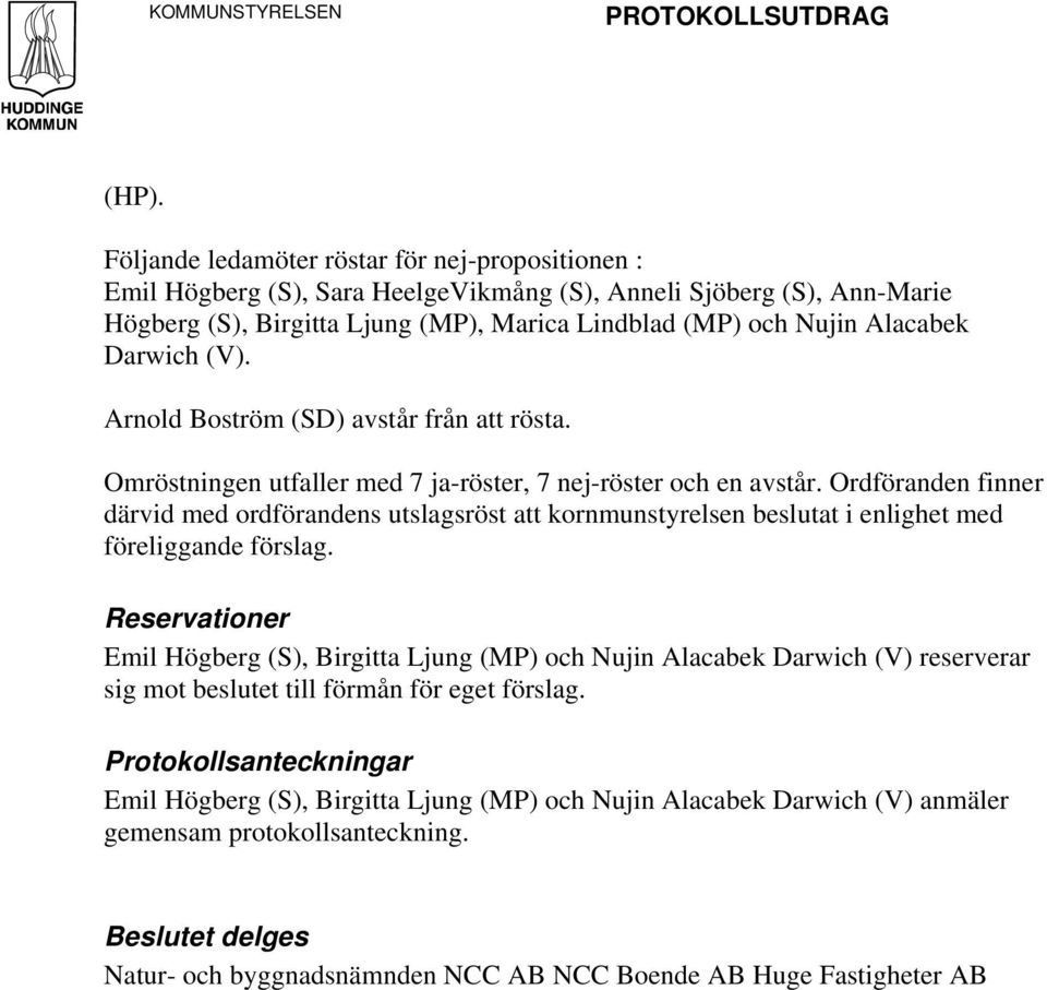 Darwich (V). Arnold Boström (SD) avstår från att rösta. Omröstningen utfaller med 7 ja-röster, 7 nej-röster och en avstår.