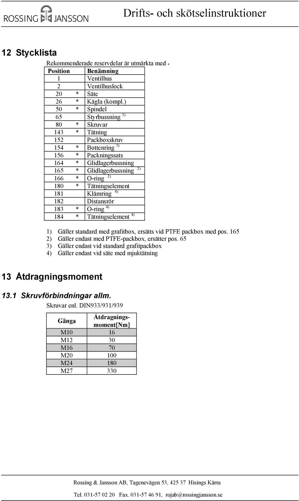 Tätningselement 181 Klämring 4) 182 Distansrör 183 * O-ring 4) 184 * Tätningselement 4) 1) Gäller standard med grafitbox, ersätts vid PTFE packbox med pos.
