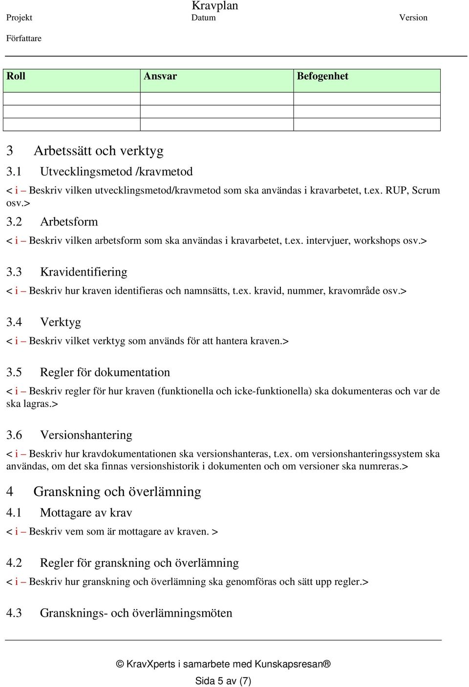 > 3.4 Verktyg < i Beskriv vilket verktyg som används för att hantera kraven.> 3.5 Regler för dokumentation < i Beskriv regler för hur kraven (funktionella och icke-funktionella) ska dokumenteras och var de ska lagras.