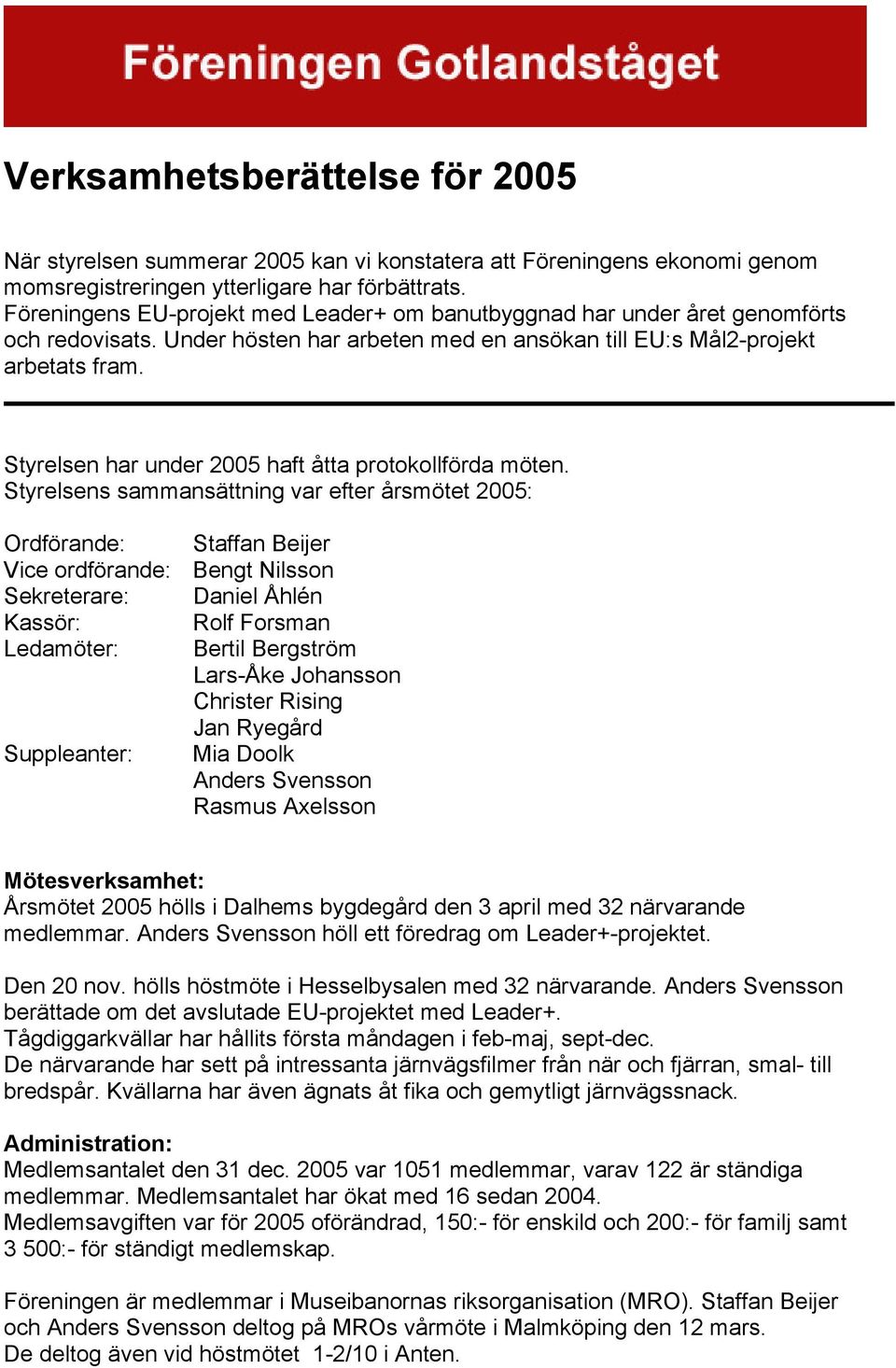 Styrelsen har under 2005 haft åtta protokollförda möten.