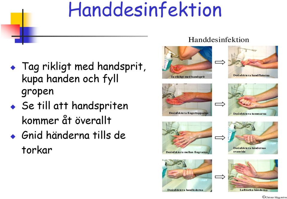 Desinfektera fingertopparna Desinfektera mellan fingrarna Desinfektera handflatorna Desinfektera