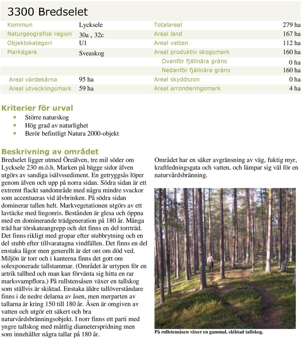 av naturlighet Berör befintligt Natura 2000-objekt Beskrivning av området Bredselet ligger utmed Öreälven, tre mil söder om Lycksele 230 m.ö.h. Marken på bägge sidor älven utgörs av sandiga isälvssediment.