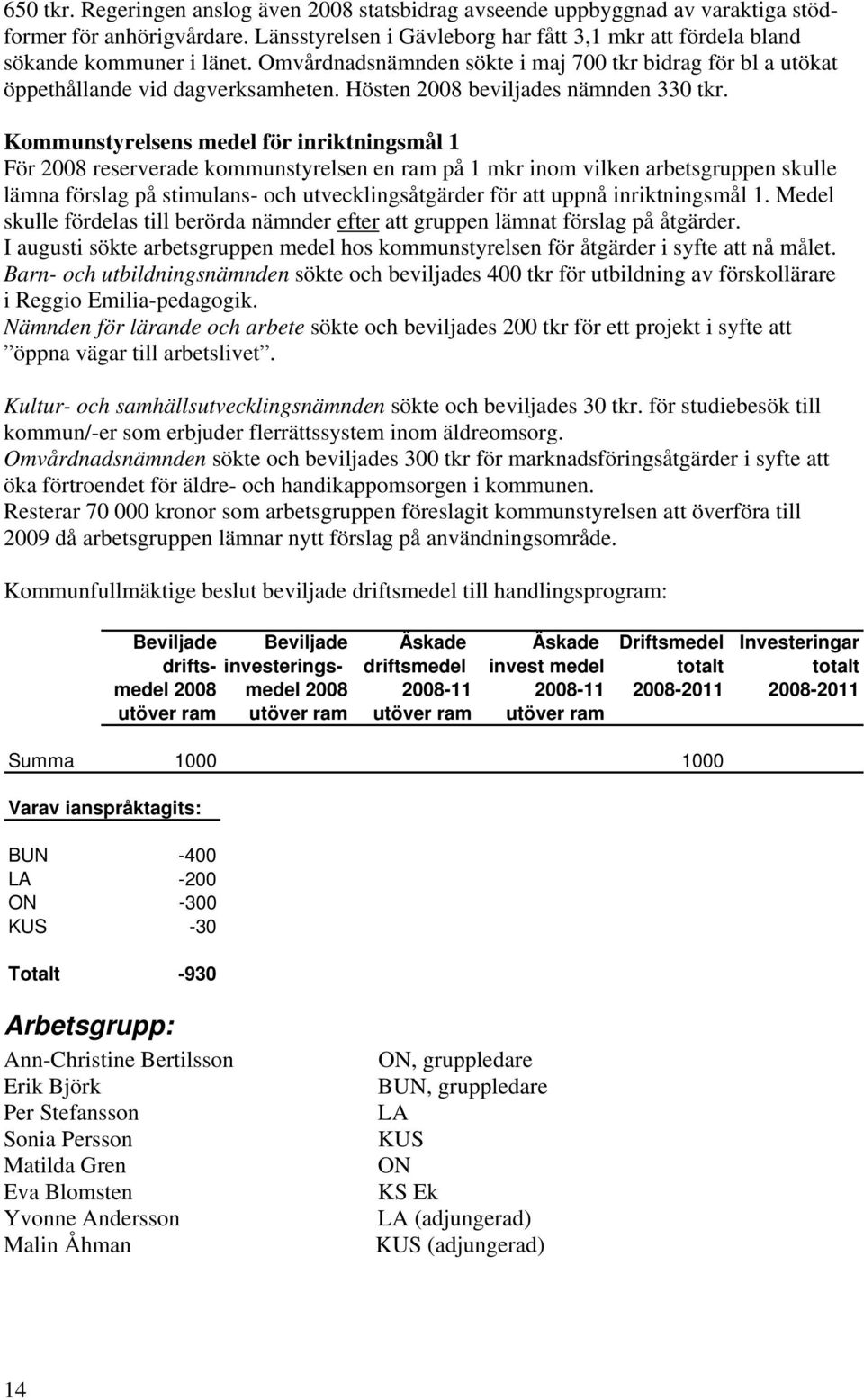 Kommunstyrelsens medel för inriktningsmål 1 För 2008 reserverade kommunstyrelsen en ram på 1 mkr inom vilken arbetsgruppen skulle lämna förslag på stimulans- och utvecklingsåtgärder för att uppnå