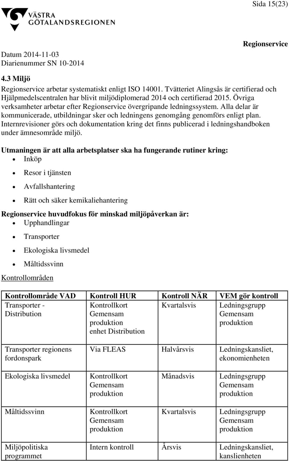 Internrevisioner görs och dokumentation kring det finns publicerad i ledningshandboken under ämnesområde miljö.