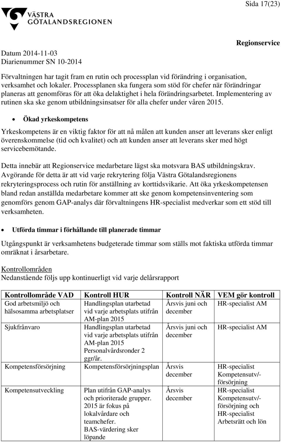 Implementering av rutinen ska ske genom utbildningsinsatser för alla chefer under våren 2015.