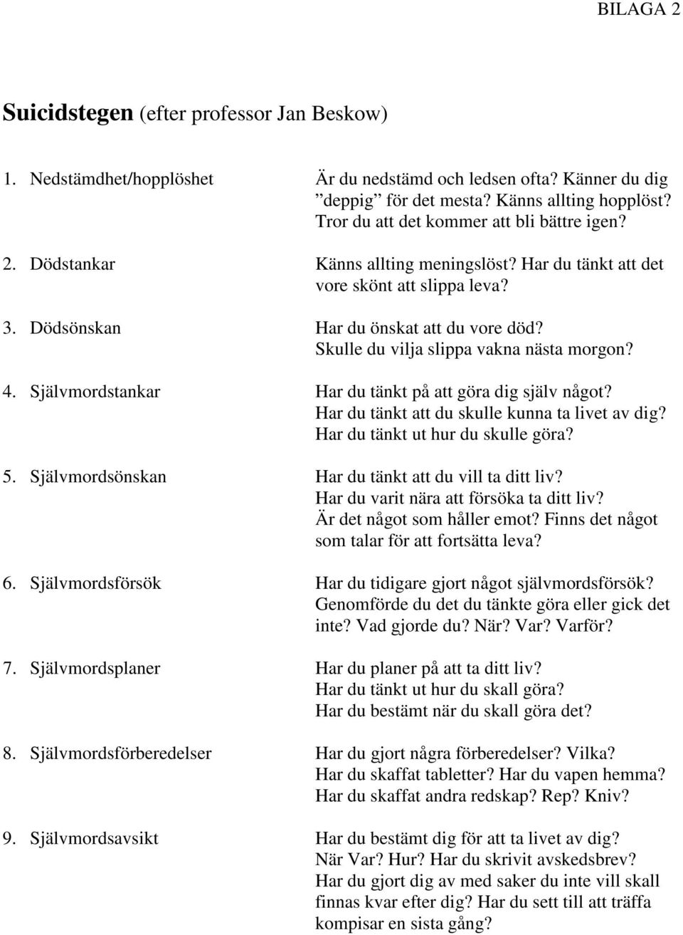 Skulle du vilja slippa vakna nästa morgon? 4. Självmordstankar Har du tänkt på att göra dig själv något? Har du tänkt att du skulle kunna ta livet av dig? Har du tänkt ut hur du skulle göra? 5.