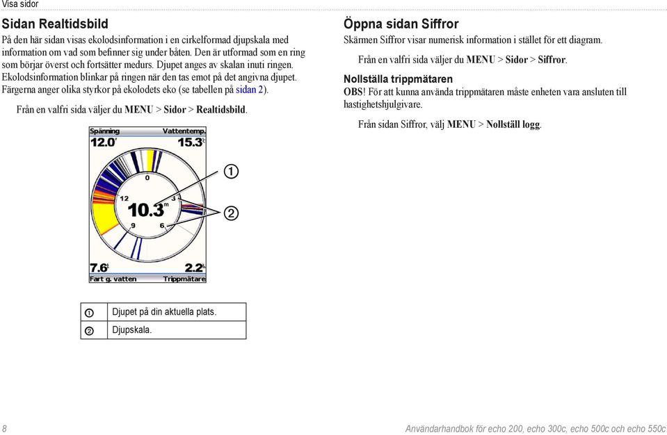 Färgerna anger olika styrkor på ekolodets eko (se tabellen på sidan 2). Från en valfri sida väljer du MENU > Sidor > Realtidsbild.