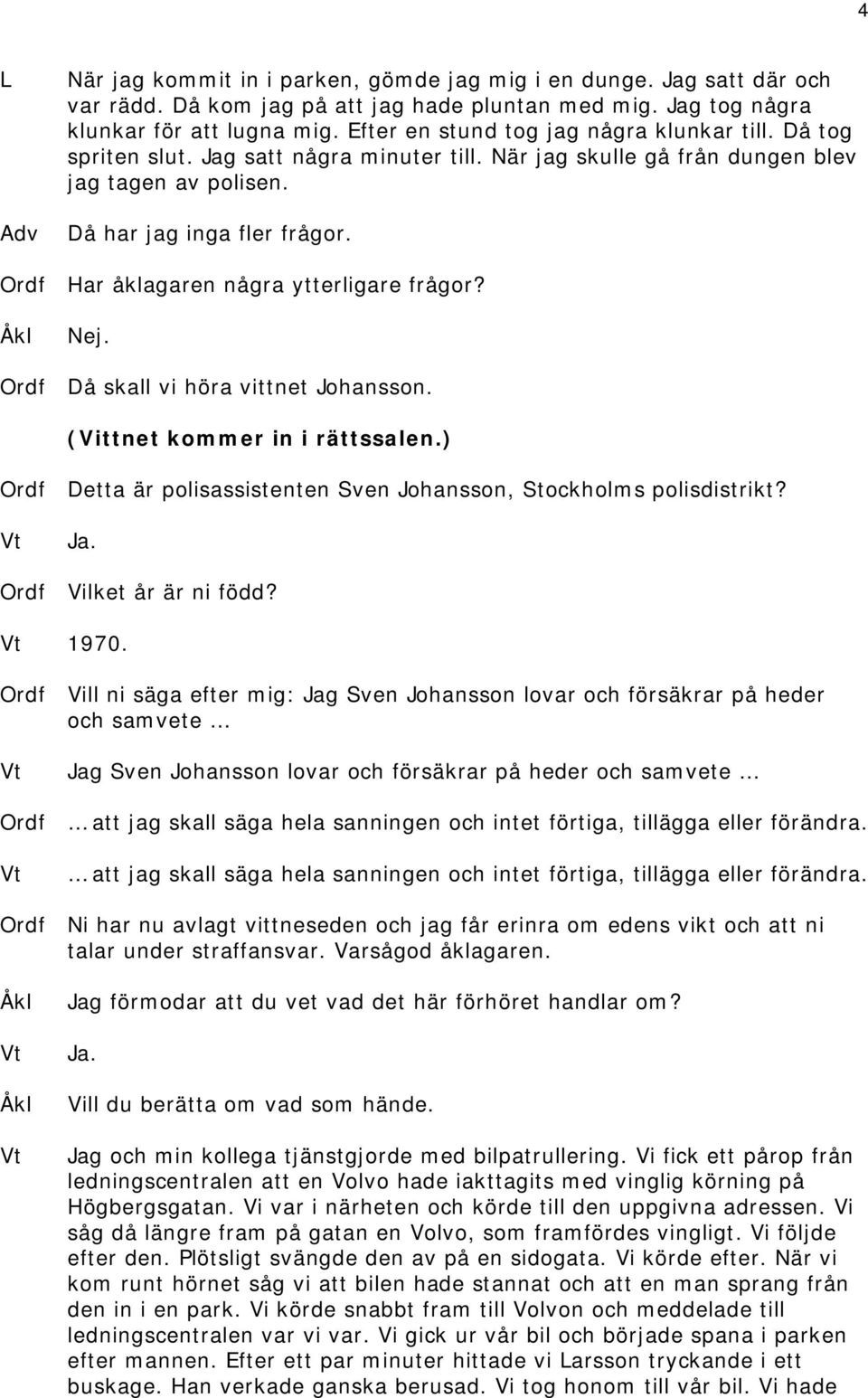 Ordf Har åklagaren några ytterligare frågor? Nej. Ordf Då skall vi höra vittnet Johansson. (Vittnet kommer in i rättssalen.) Ordf Detta är polisassistenten Sven Johansson, Stockholms polisdistrikt?