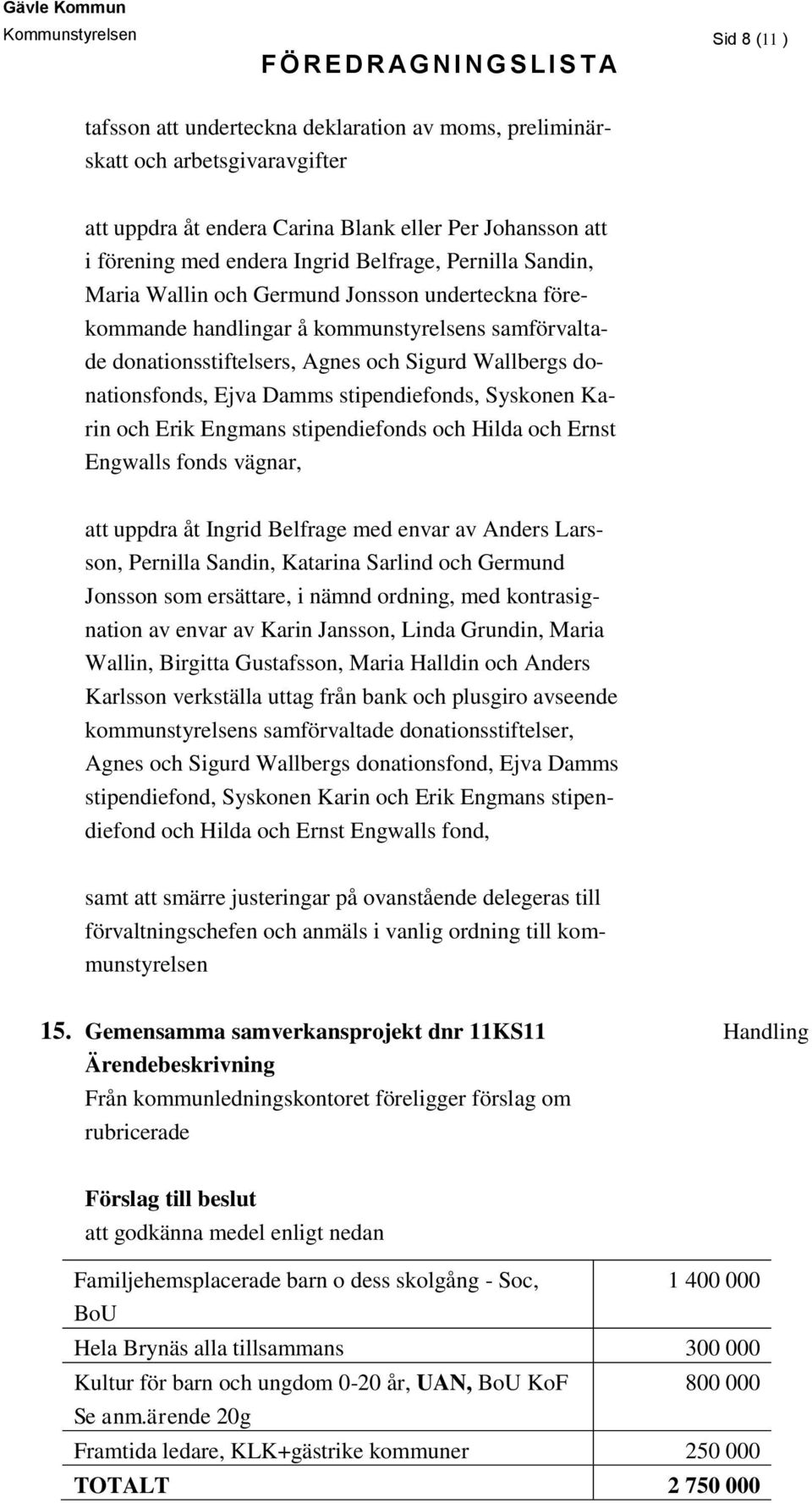 Damms stipendiefonds, Syskonen Karin och Erik Engmans stipendiefonds och Hilda och Ernst Engwalls fonds vägnar, att uppdra åt Ingrid Belfrage med envar av Anders Larsson, Pernilla Sandin, Katarina