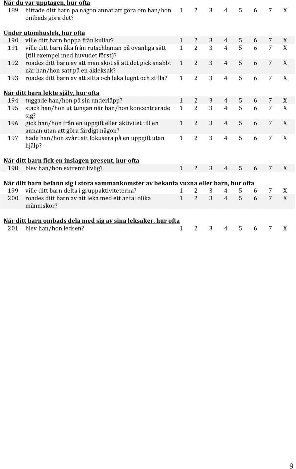 193 roades ditt barn av att sitta och leka lugnt och stilla? När ditt barn lekte själv, hur ofta 194 tuggade han/hon på sin underläpp? 195 stack han/hon ut tungan när han/hon koncentrerade sig?