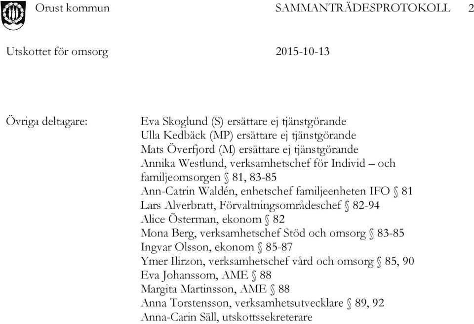 Förvaltningsområdeschef 82-94 Alice Österman, ekonom 82 Mona Berg, verksamhetschef Stöd och omsorg 83-85 Ingvar Olsson, ekonom 85-87 Ymer Ilirzon,