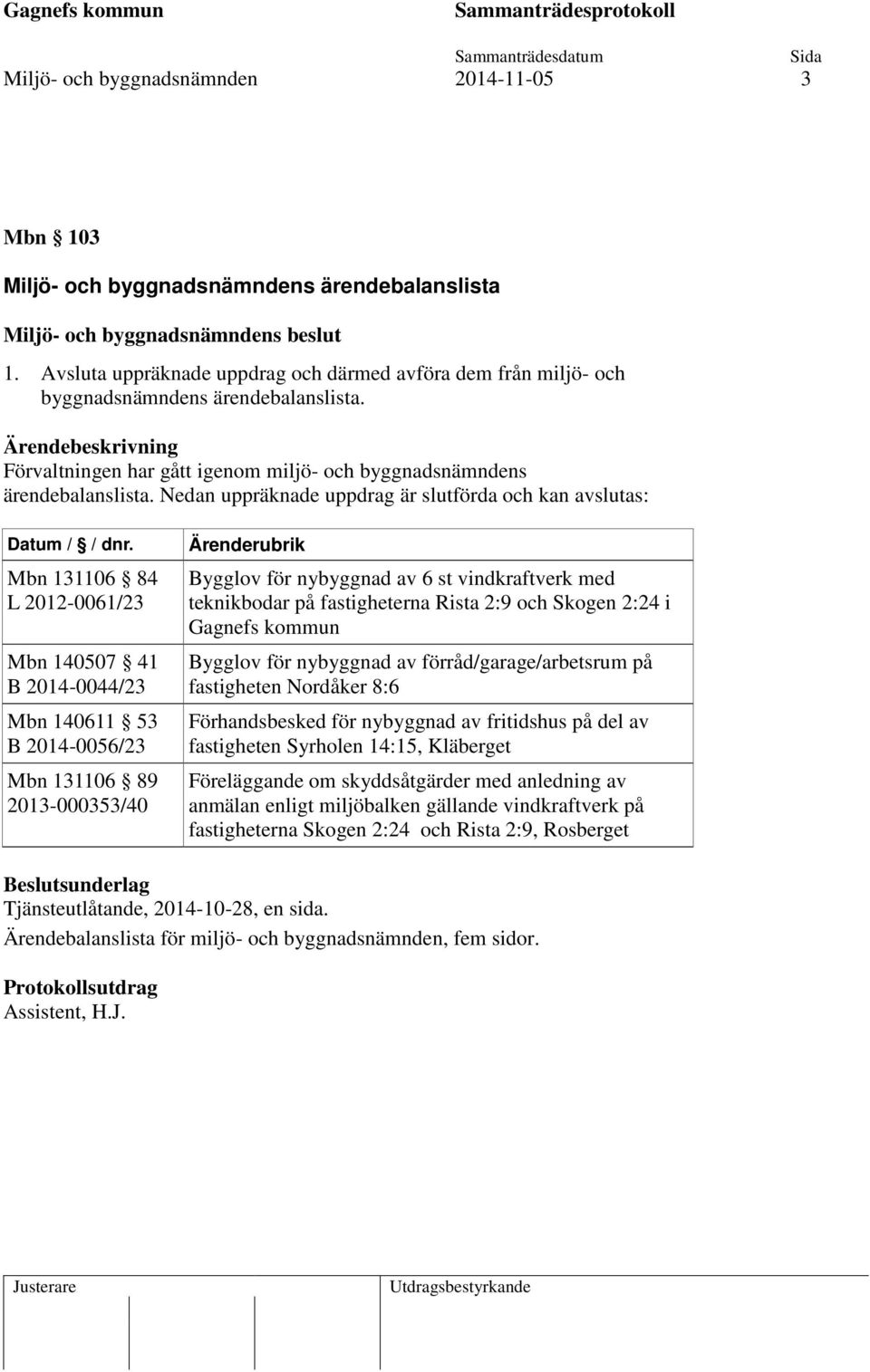 Mbn 131106 84 L 2012-0061/23 Mbn 140507 41 B 2014-0044/23 Mbn 140611 53 B 2014-0056/23 Mbn 131106 89 2013-000353/40 Ärenderubrik Bygglov för nybyggnad av 6 st vindkraftverk med teknikbodar på