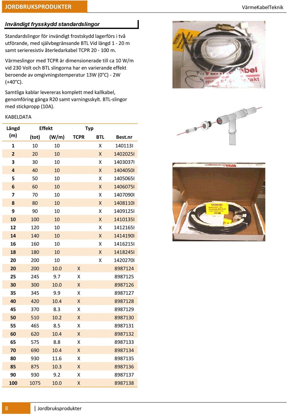 Värmeslingor med TCPR är dimensionerade till ca 10 W/m vid 230 Volt och BTL slingorna har en varierande effekt beroende av omgivningstemperatur 13W (0 C) 2W (+40 C).