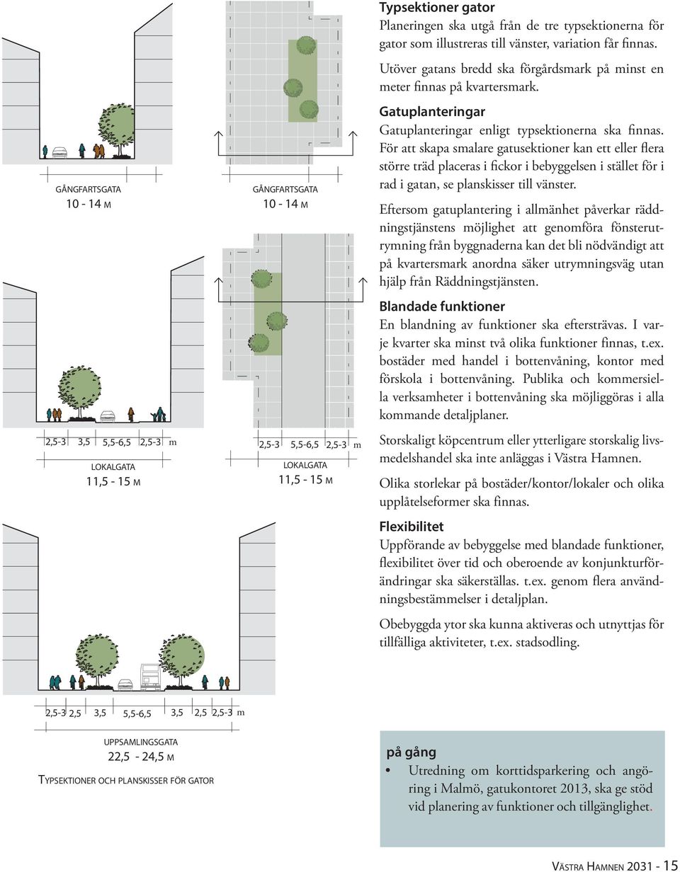För att skapa smalare gatusektioner kan ett eller flera större träd placeras i fickor i bebyggelsen i stället för i rad i gatan, se planskisser till vänster.