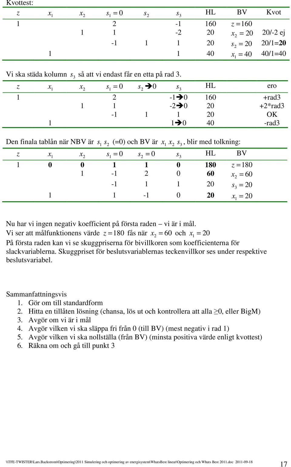 Vi er att målfunktionen värde 8 få när 6 oh På förta raden kan vi e kuggprierna för ivillkoren om koeffiienterna för lakvarialerna.