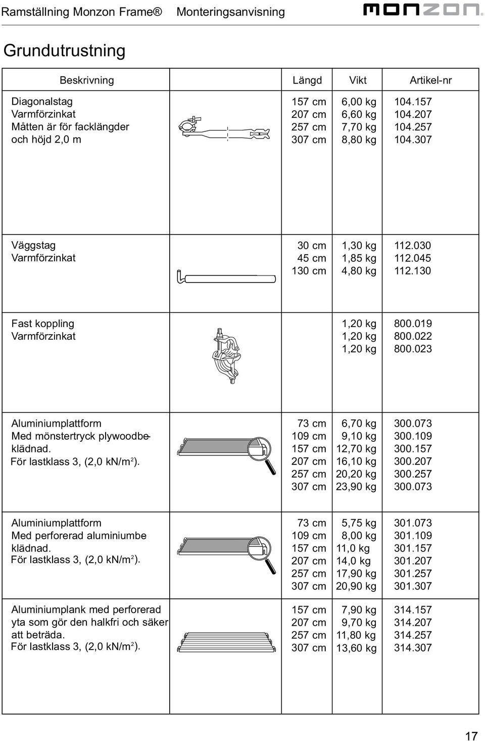 023 Aluminiumplattform Med mönstertryck plywoodbeklädnad. För lastklass 3, (2,0 kn/m 2 ). 73 cm 109 cm 157 cm 207 cm 6,70 kg 9,10 kg 12,70 kg 16,10 kg 20,20 kg 23,90 kg 300.073 300.109 300.157 300.