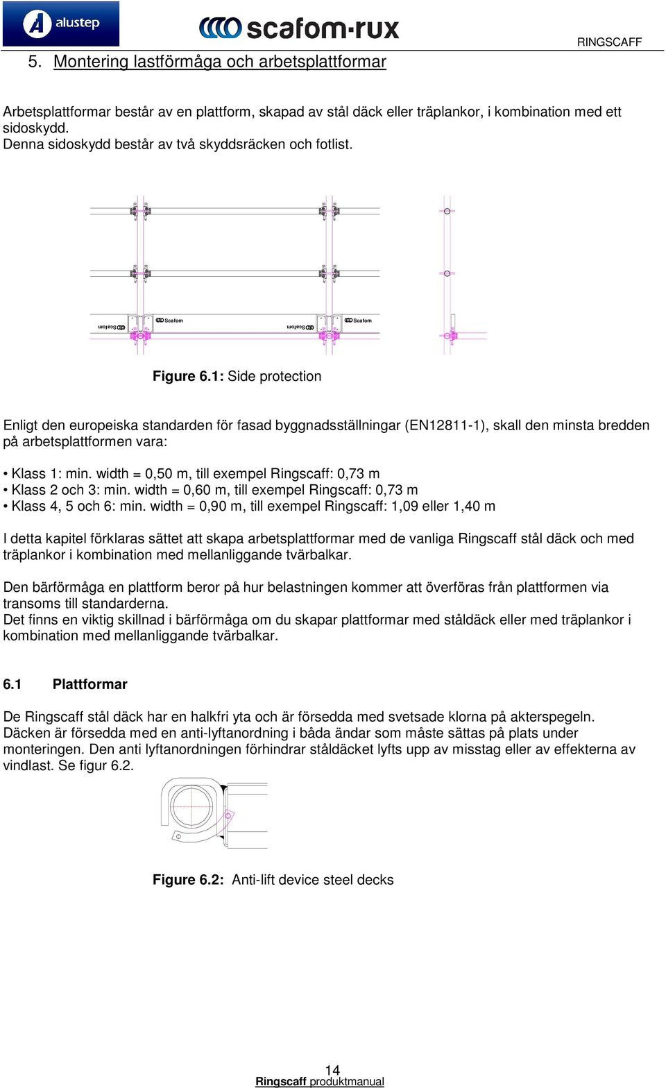 1: Side protection Enligt den europeiska standarden för fasad byggnadsställningar (EN12811-1), skall den minsta bredden på arbetsplattformen vara: Klass 1: min.