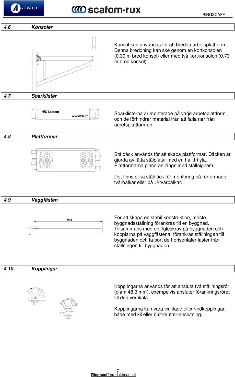 8 Plattformar Scafom Sparklisterna är monterade på varje arbetsplattform och de förhindrar material från att falla ner från arbetsplattformen Ståldäck används för att skapa plattformar.