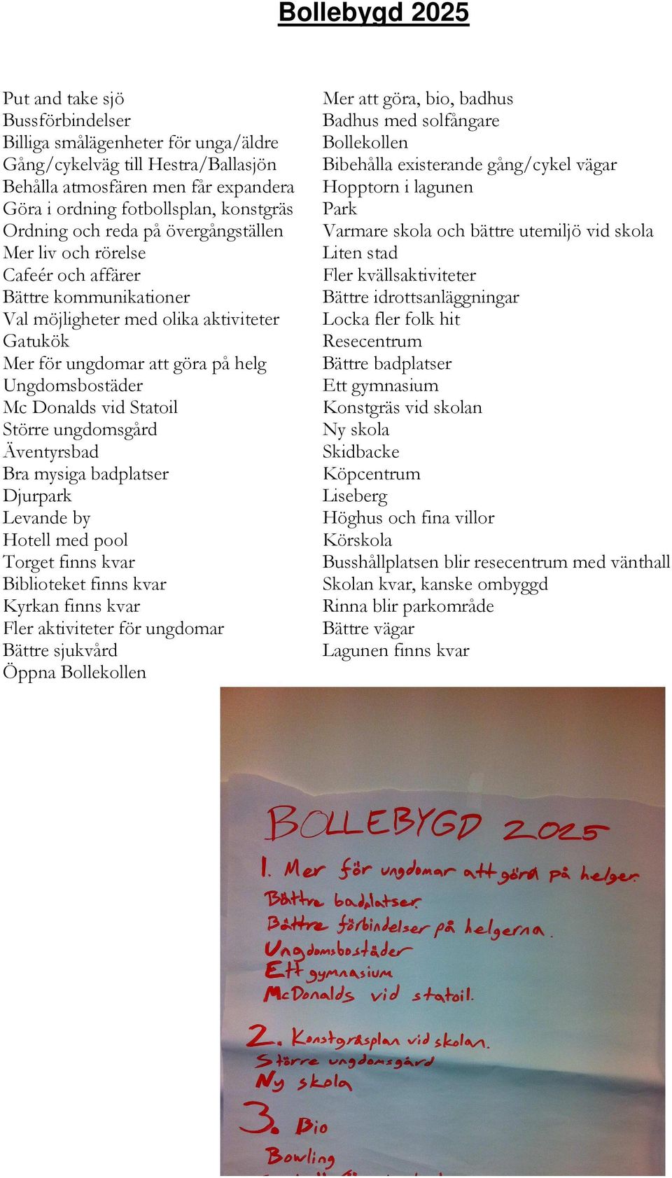 Donalds vid Statoil Större ungdomsgård Äventyrsbad Bra mysiga badplatser Djurpark Levande by Hotell med pool Torget finns kvar Biblioteket finns kvar Kyrkan finns kvar Fler aktiviteter för ungdomar