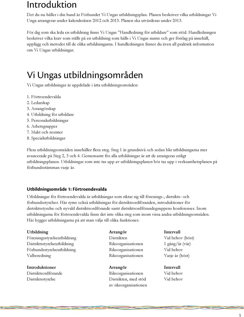 Handledningen beskriver vilka krav som ställs på en utbildning som hålls i Vi Ungas namn och ger förslag på innehåll, upplägg och metoder till de olika utbildningarna.