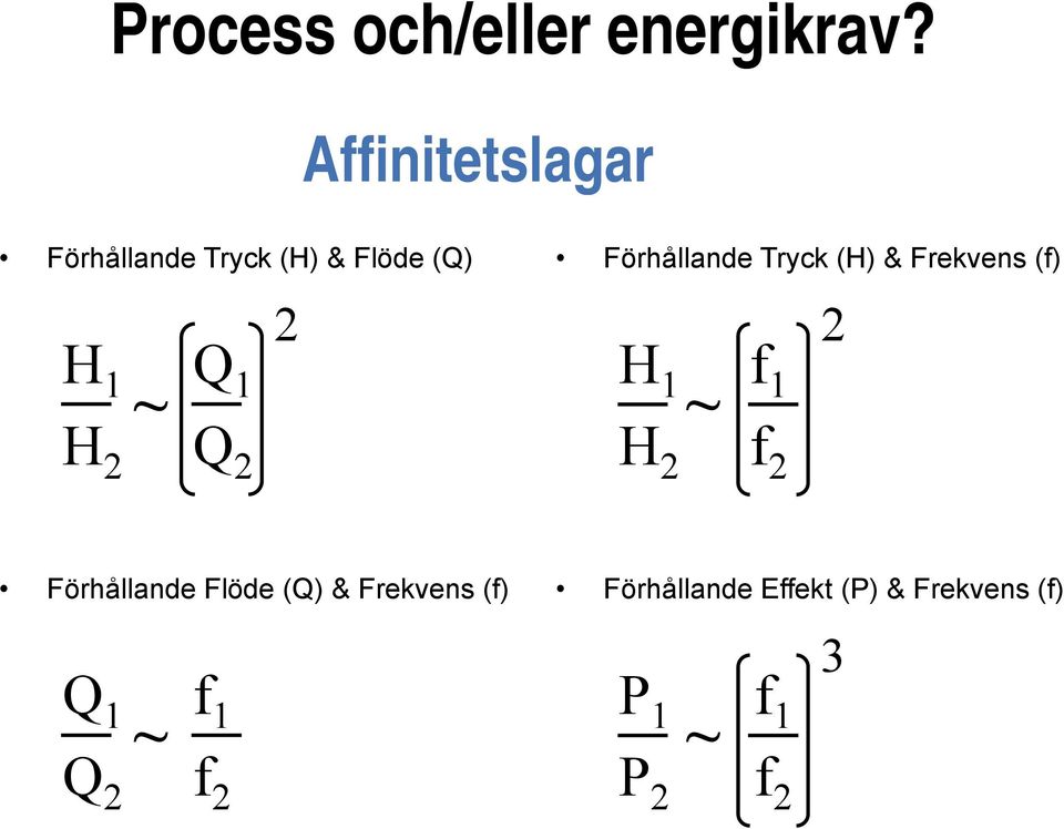 (f) H 1 Q 1 2 H 1 f 1 2 ~ ~ H 2 Q 2 H 2 f 2 Förhållande Flöde (Q) & Frekvens (f)
