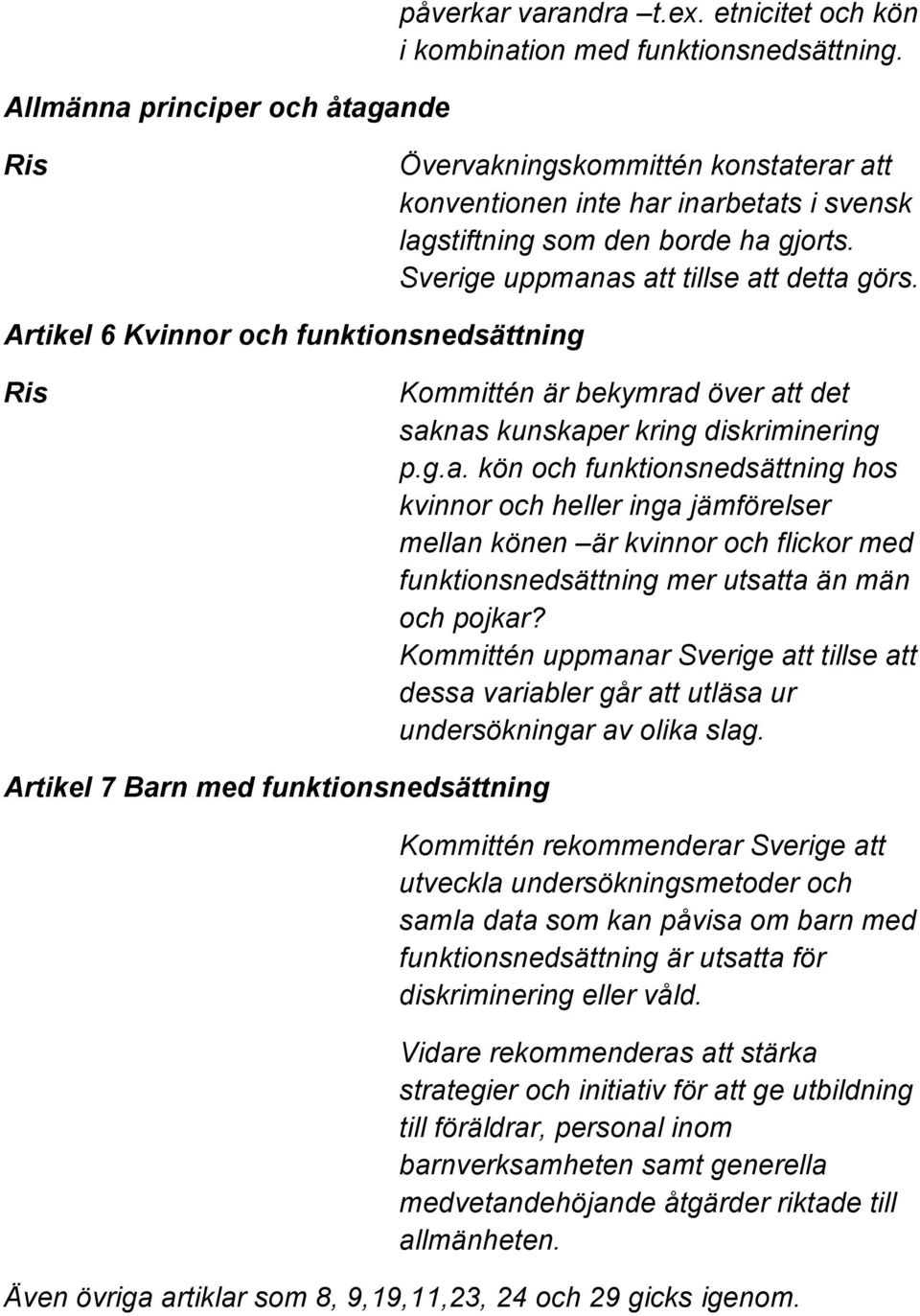 Artikel 6 Kvinnor och funktionsnedsättning Kommittén är bekymrad