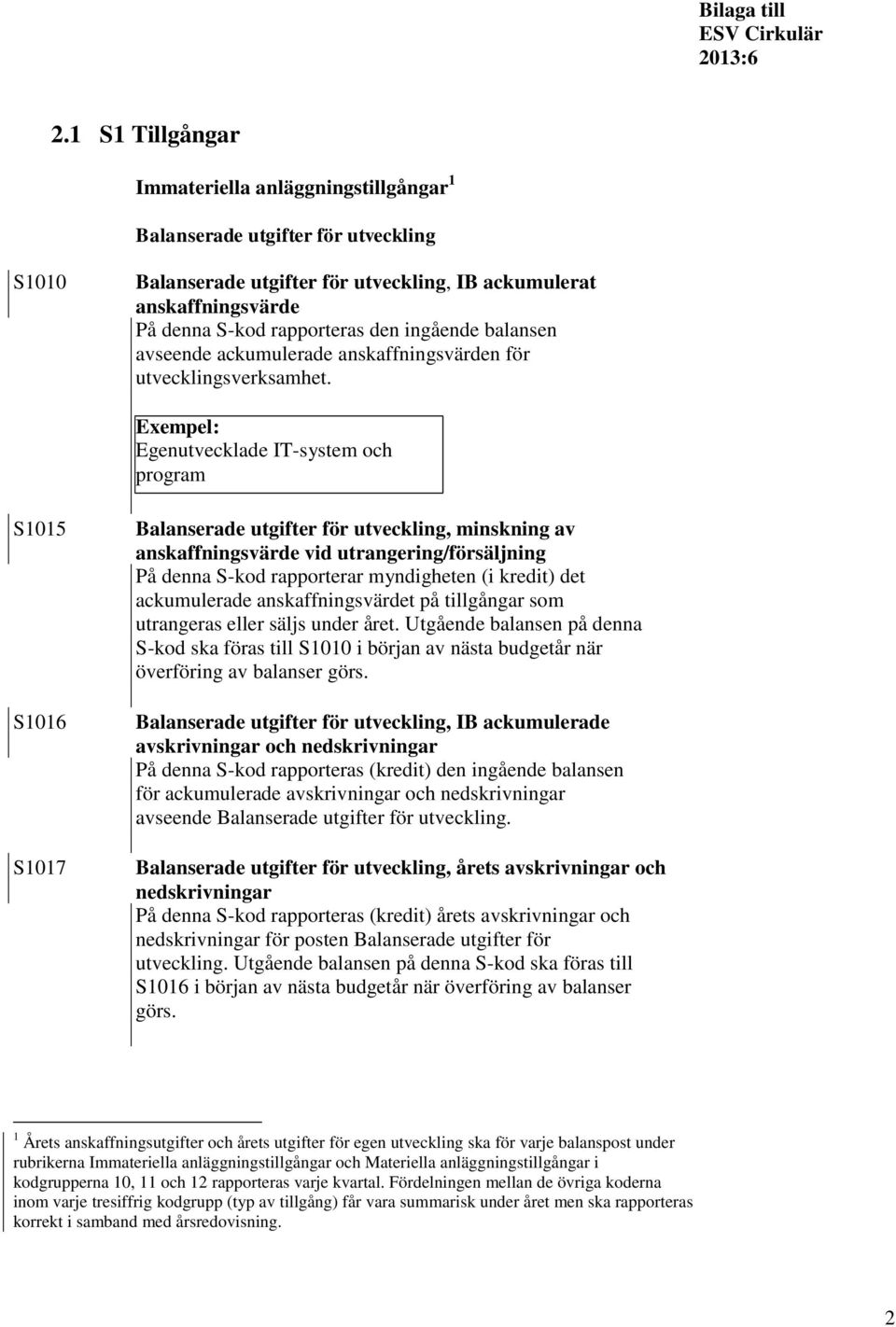 Exempel: Egenutvecklade IT-system och program S1015 S1016 S1017 Balanserade utgifter för utveckling, minskning av anskaffningsvärde vid utrangering/försäljning På denna S-kod rapporterar myndigheten