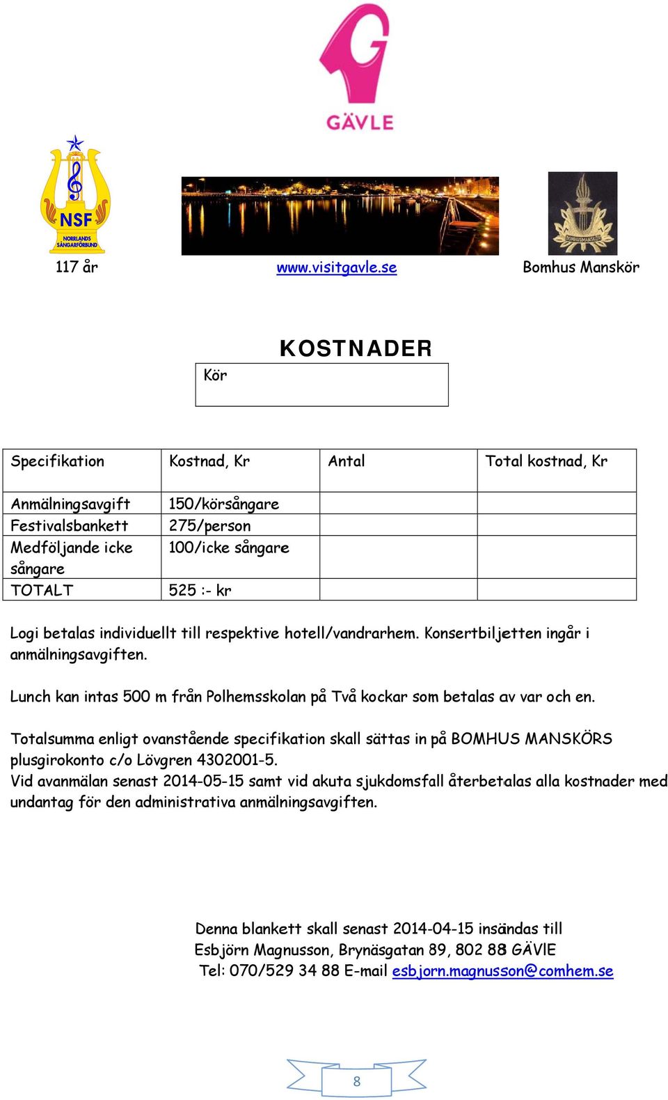 Totalsumma enligt ovanstående specifikation skall sättas in på BOMHUS MANSKÖRS plusgirokonto c/o Lövgren 4302001-5.