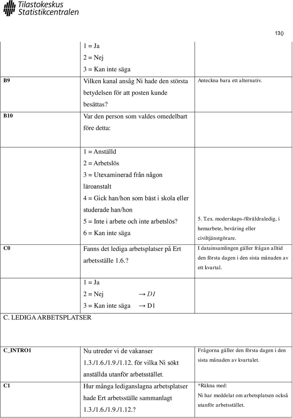 6 = Kan inte säga Fanns det lediga arbetsplatser på Ert arbetsställe 1.6.? 5. T.ex. moderskaps-/föräldraledig, i hemarbete, beväring eller civiltjänstgörare.