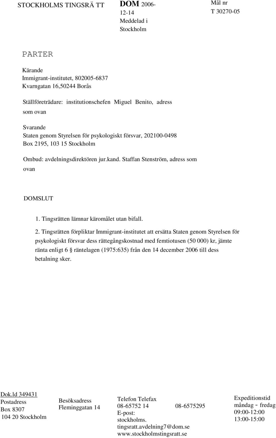 Tingsrätten lämnar käromålet utan bifall. 2.