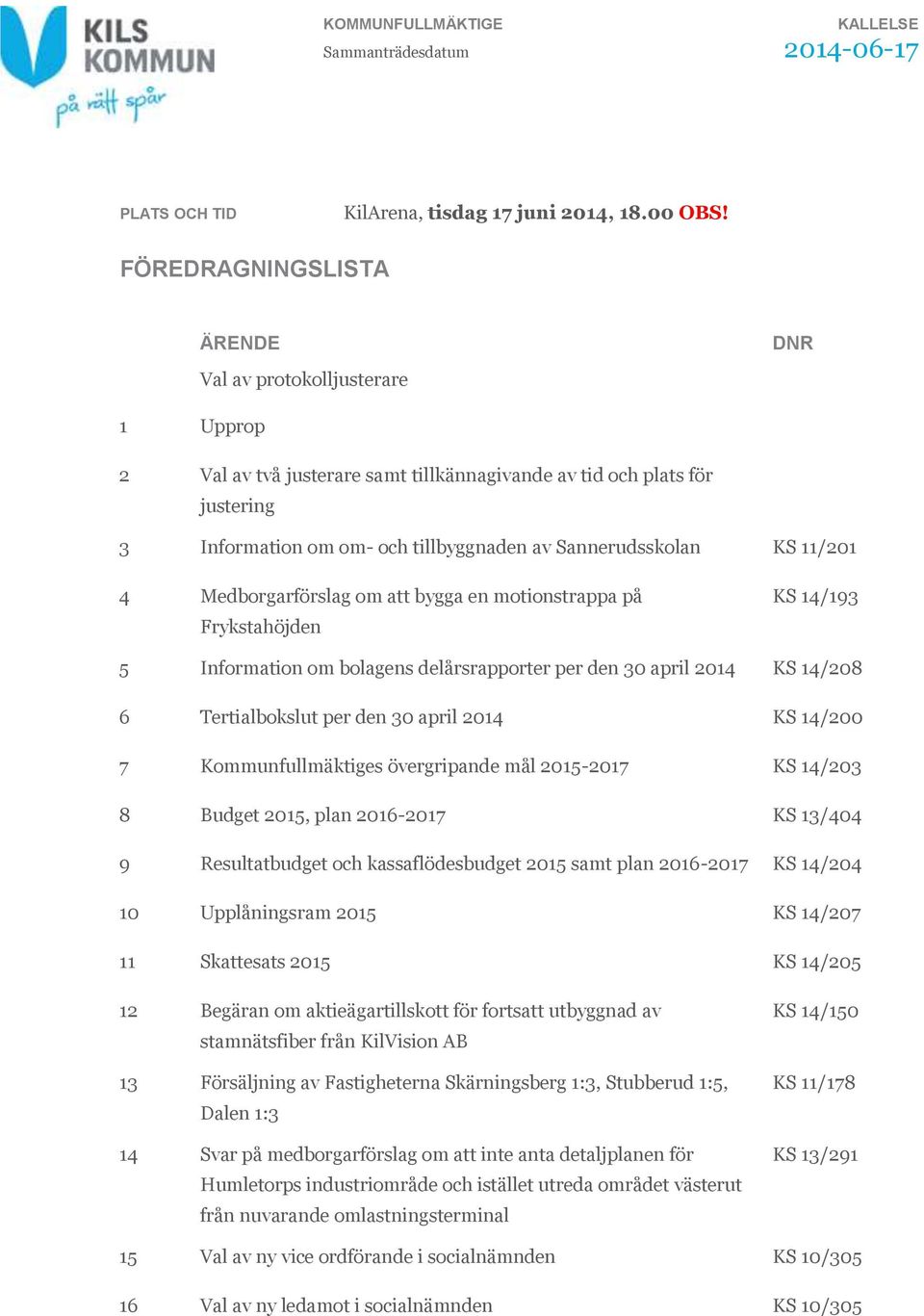 KS 11/201 4 Medborgarförslag om att bygga en motionstrappa på Frykstahöjden KS 14/193 5 Information om bolagens delårsrapporter per den 30 april 2014 KS 14/208 6 Tertialbokslut per den 30 april 2014