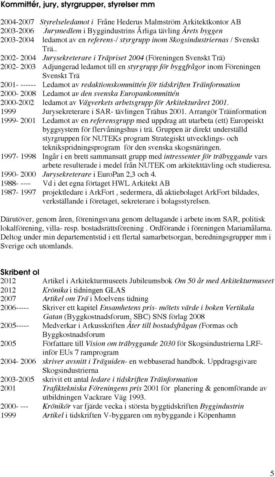 . 2002-2004 Jurysekreterare i Träpriset 2004 (Föreningen Svenskt Trä) 2002-2003 Adjungerad ledamot till en styrgrupp för byggfrågor inom Föreningen Svenskt Trä 2001- ------ Ledamot av