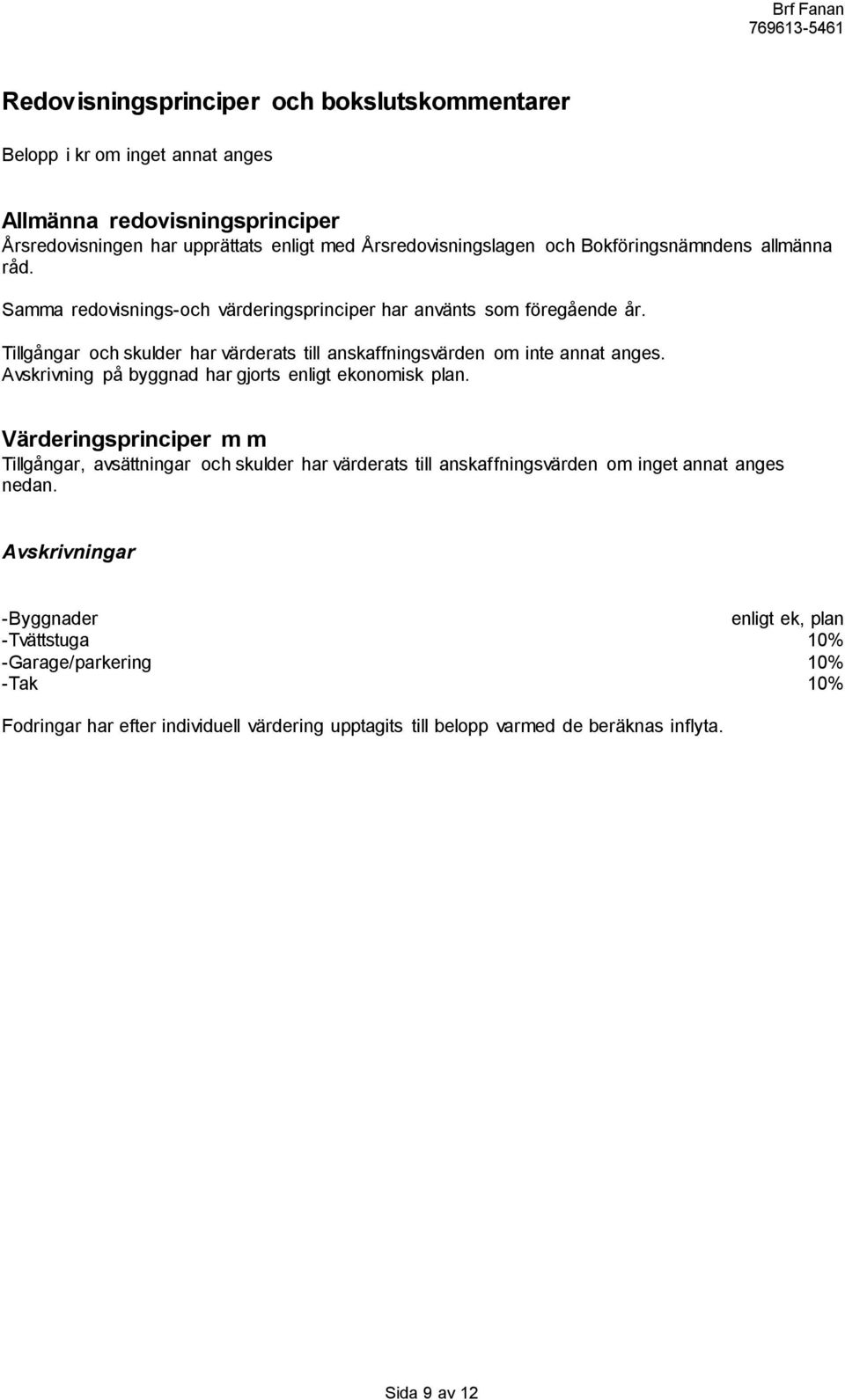 Tillgångar och skulder har värderats till anskaffningsvärden om inte annat anges. Avskrivning på byggnad har gjorts enligt ekonomisk plan.