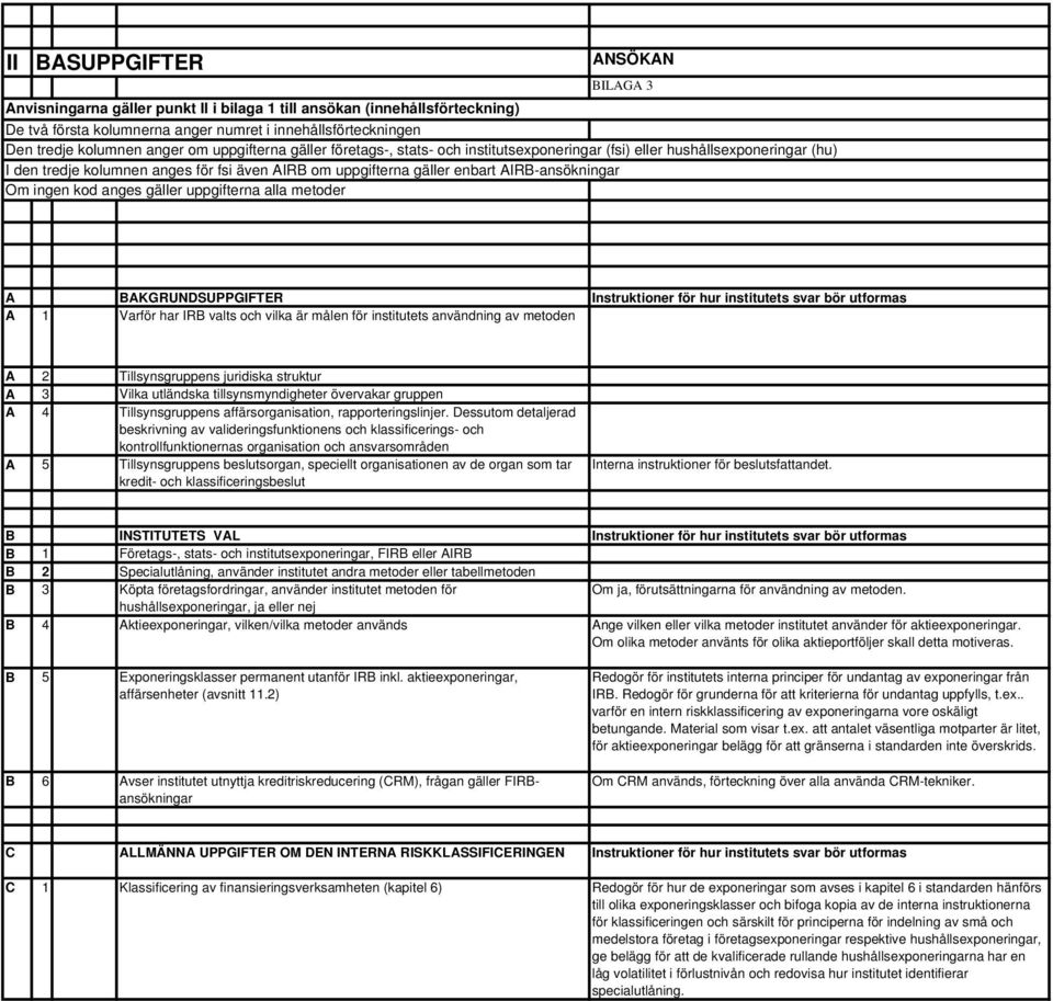 ingen kod anges gäller uppgifterna alla metoder A BAKGRUNDSUPPGIFTER Instruktioner för hur institutets svar bör utformas A 1 Varför har IRB valts och vilka är målen för institutets användning av