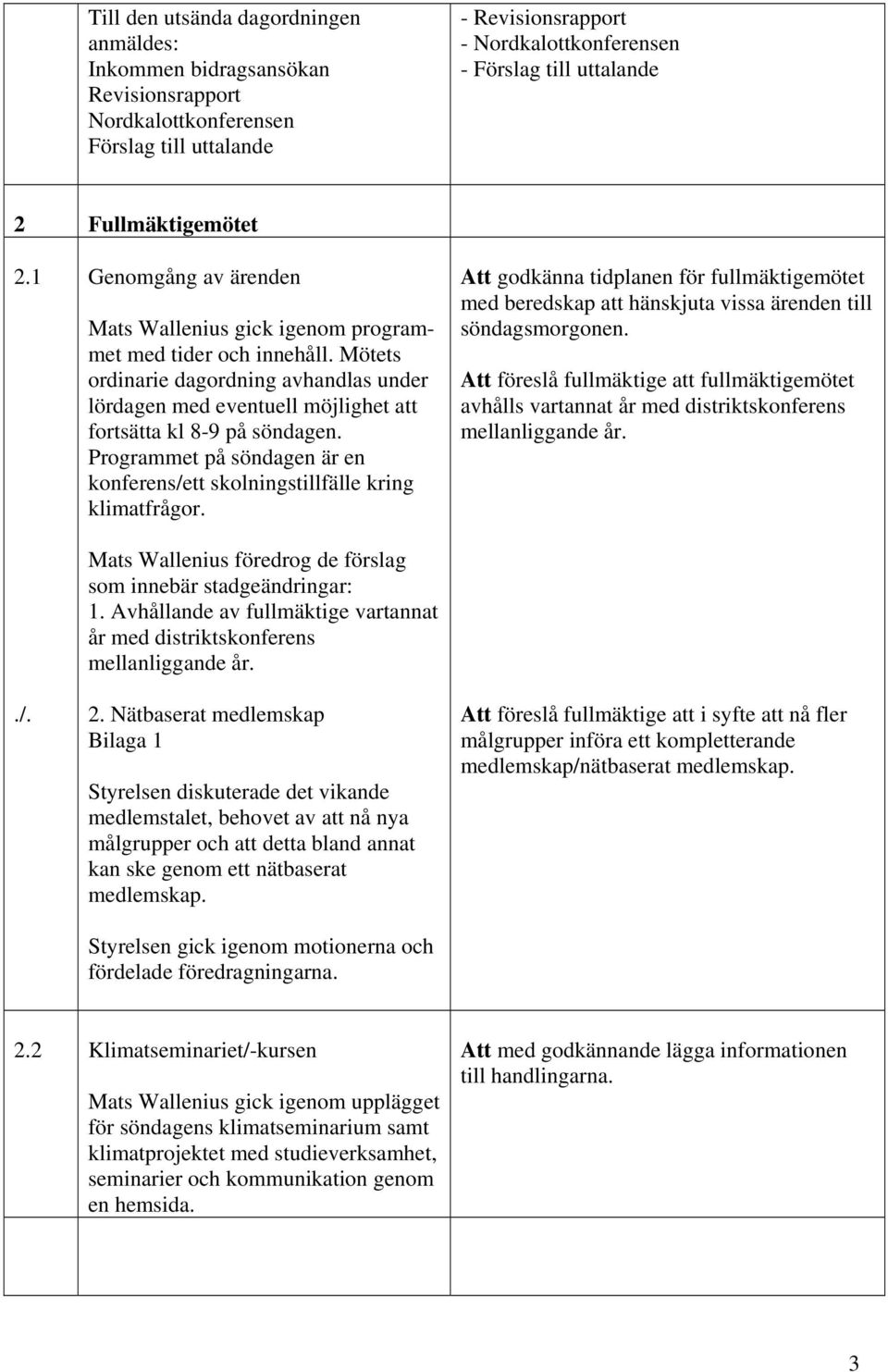 Mötets ordinarie dagordning avhandlas under lördagen med eventuell möjlighet att fortsätta kl 8-9 på söndagen. Programmet på söndagen är en konferens/ett skolningstillfälle kring klimatfrågor.