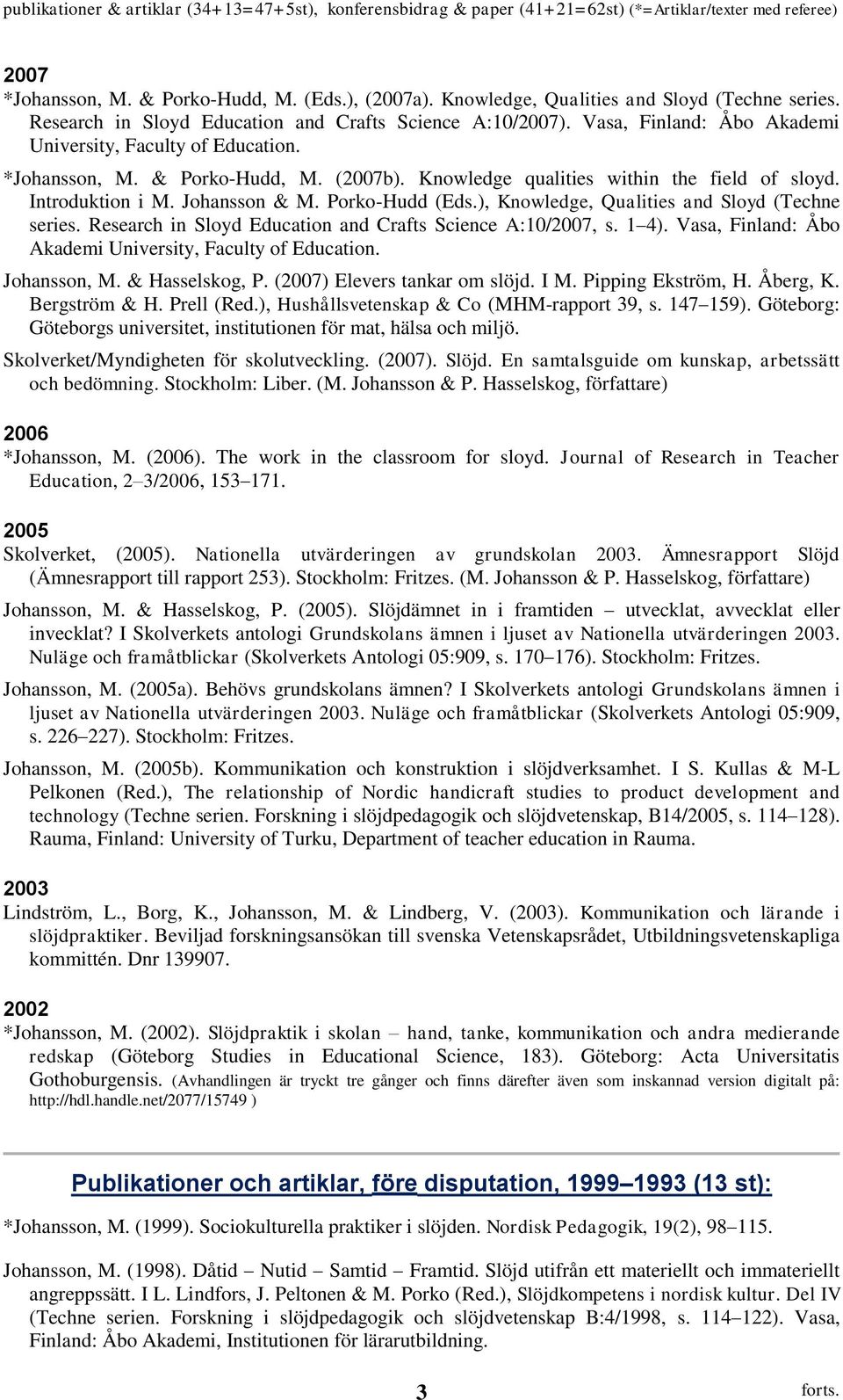 ), Knowledge, Qualities and Sloyd (Techne series. Research in Sloyd Education and Crafts Science A:10/2007, s. 1 4). Vasa, Finland: Åbo Akademi University, Faculty of Education. Johansson, M.