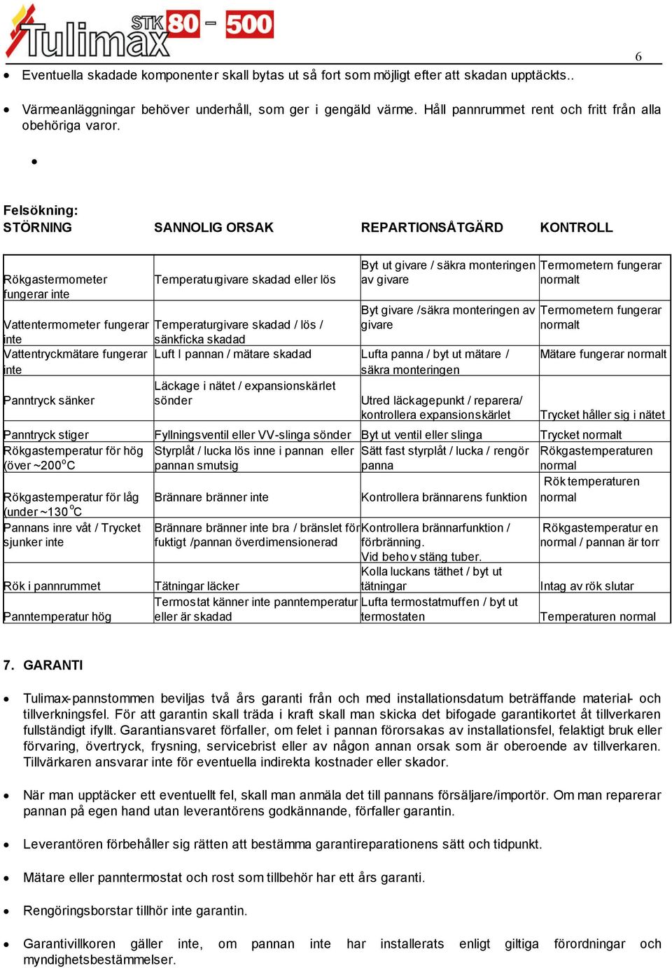Felsökning: STÖRNING SANNOLIG ORSAK REPARTIONSÅTGÄRD KONTROLL Rökgastermometer fungerar inte Temperaturgivare skadad eller lös Byt ut givare / säkra monteringen av givare Termometern fungerar normalt