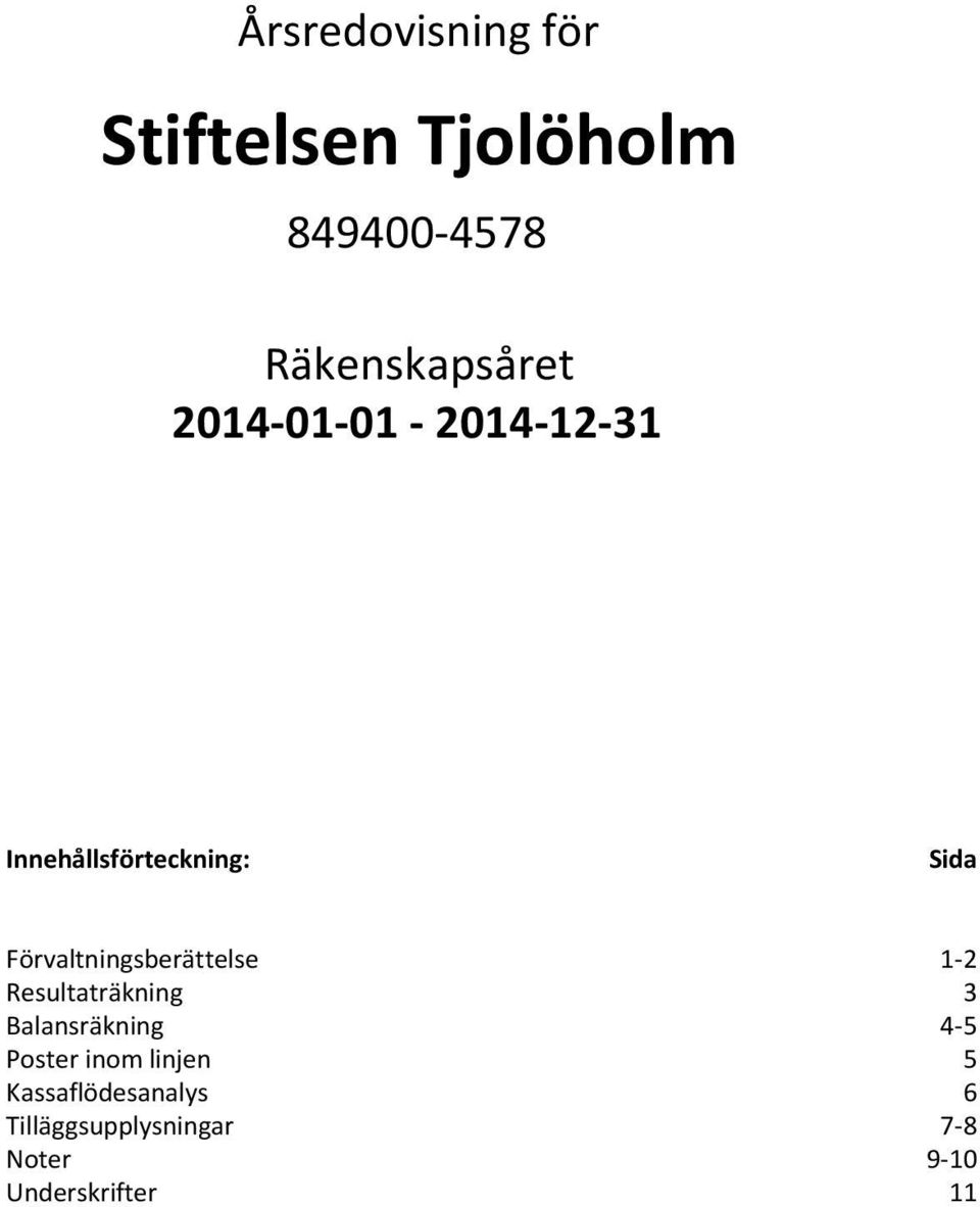 Förvaltningsberättelse 1-2 Resultaträkning 3 Balansräkning 4-5