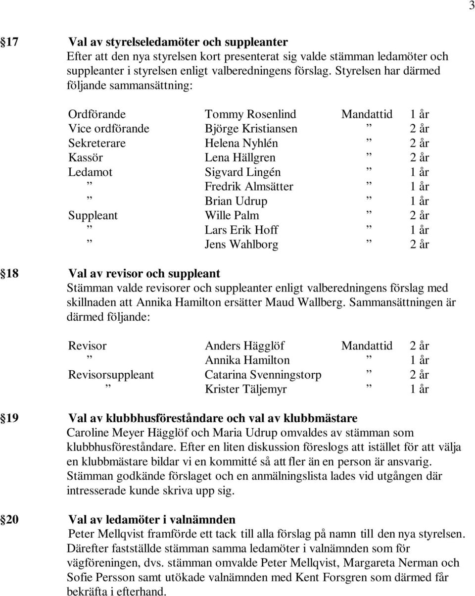 Sigvard Lingén 1 år Fredrik Almsätter 1 år Brian Udrup 1 år Suppleant Wille Palm 2 år Lars Erik Hoff 1 år Jens Wahlborg 2 år 18 Val av revisor och suppleant Stämman valde revisorer och suppleanter