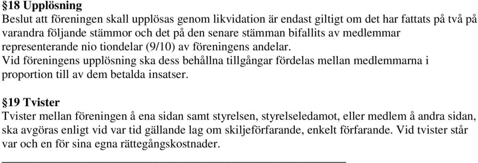 Vid föreningens upplösning ska dess behållna tillgångar fördelas mellan medlemmarna i proportion till av dem betalda insatser.