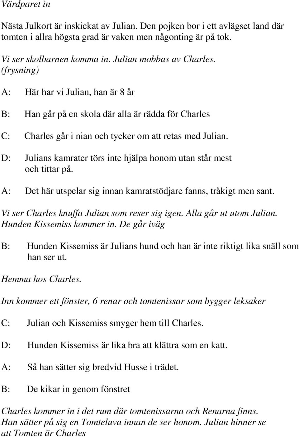 D: Julians kamrater törs inte hjälpa honom utan står mest och tittar på. A: Det här utspelar sig innan kamratstödjare fanns, tråkigt men sant. Vi ser Charles knuffa Julian som reser sig igen.