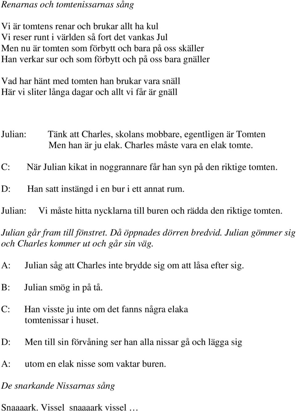 elak. Charles måste vara en elak tomte. C: När Julian kikat in noggrannare får han syn på den riktige tomten. D: Han satt instängd i en bur i ett annat rum.