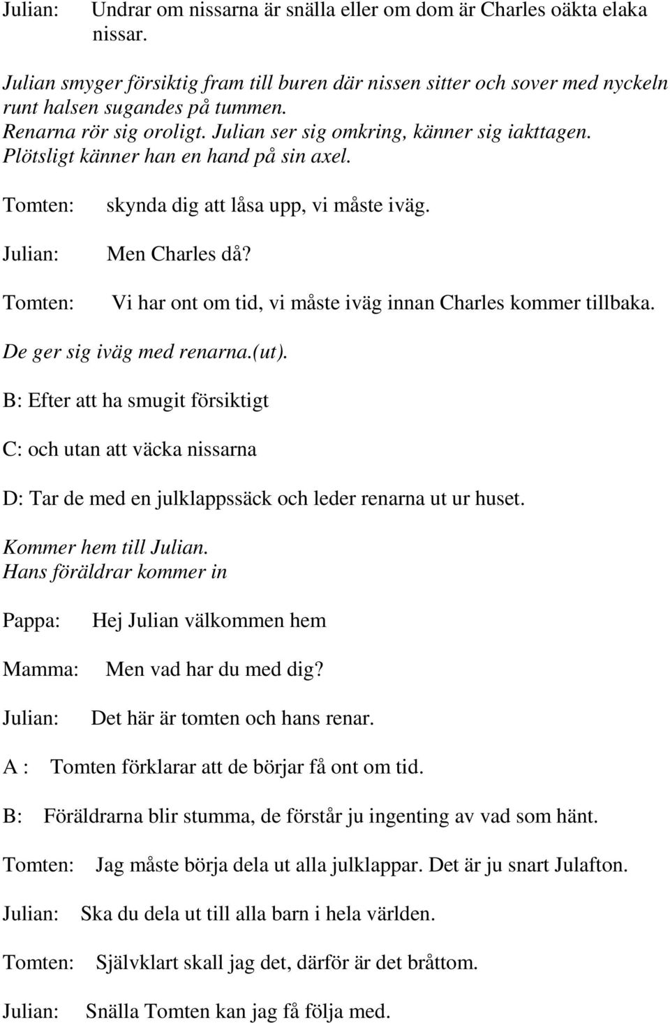 Vi har ont om tid, vi måste iväg innan Charles kommer tillbaka. De ger sig iväg med renarna.(ut).