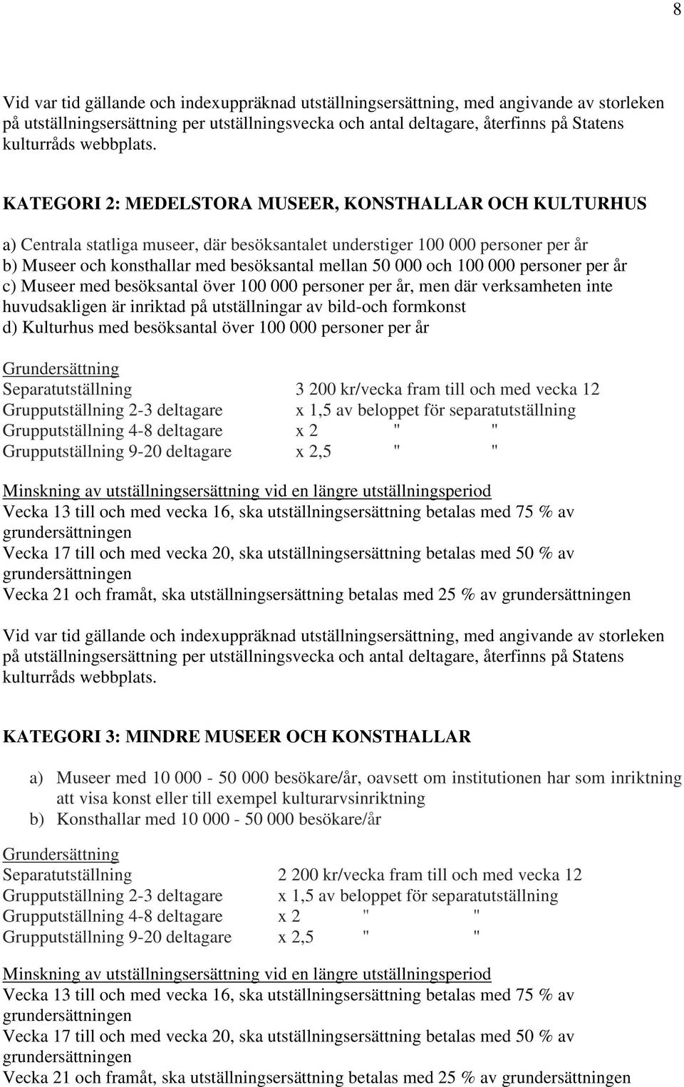 KATEGORI 2: MEDELSTORA MUSEER, KONSTHALLAR OCH KULTURHUS a) Centrala statliga museer, där besöksantalet understiger 100 000 personer per år b) Museer och konsthallar med besöksantal mellan 50 000 och