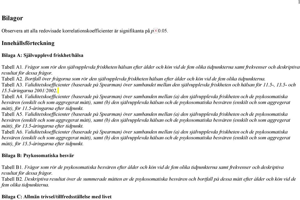 Bortfall över frågorna som rör den självupplevda friskheten/hälsan efter ålder och kön vid de fem olika tidpunkterna. Tabell A3.
