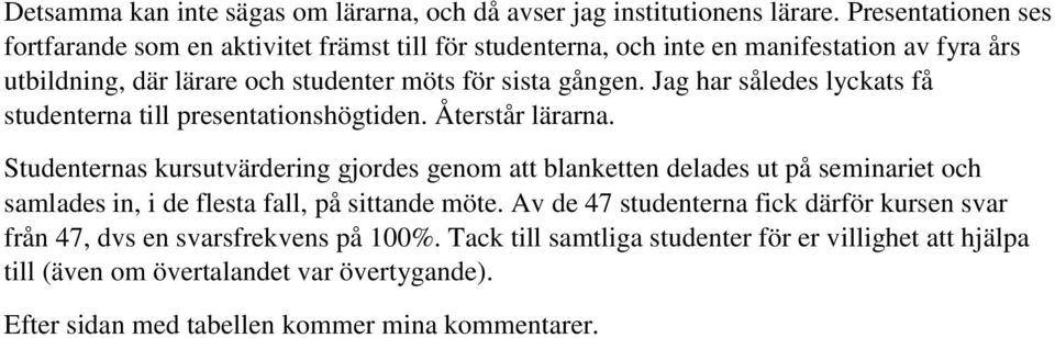 Jag har således lyckats få studenterna till presentationshögtiden. Återstår lärarna.