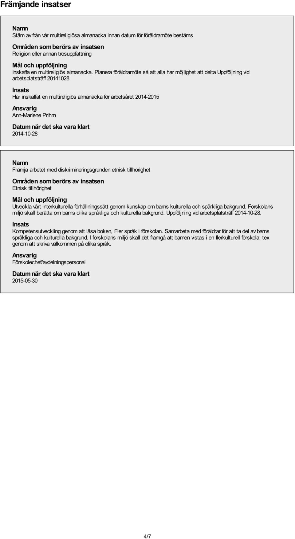 Planera föräldramöte så att alla har möjlighet att delta Uppföljning vid arbetsplatsträff 20141028 Insats Har inskaffat en multireligiös almanacka för arbetsåret 2014-2015 Ann-Marlene Prihm