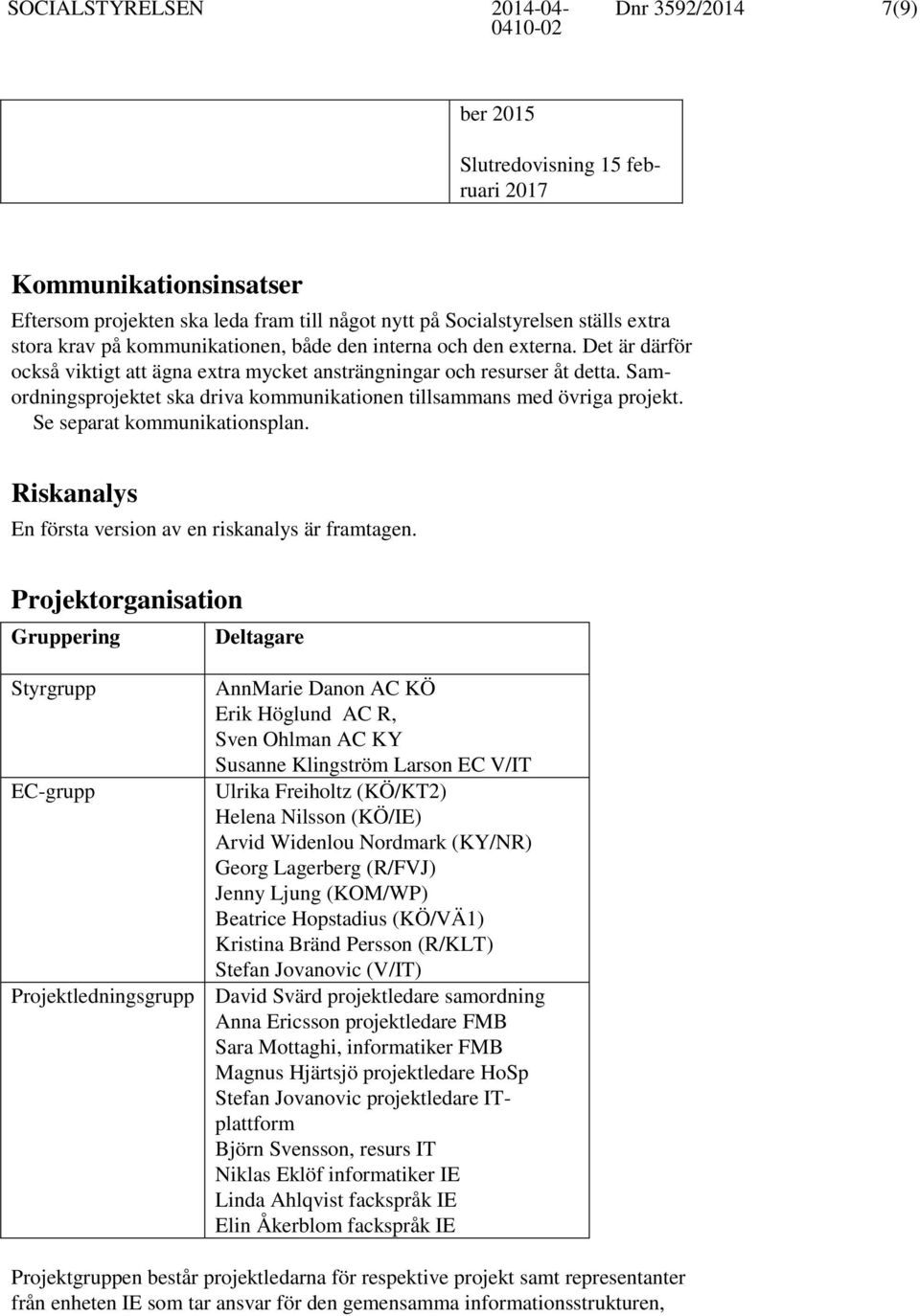 Se separat kommunikationsplan. Riskanalys En första version av en riskanalys är framtagen.